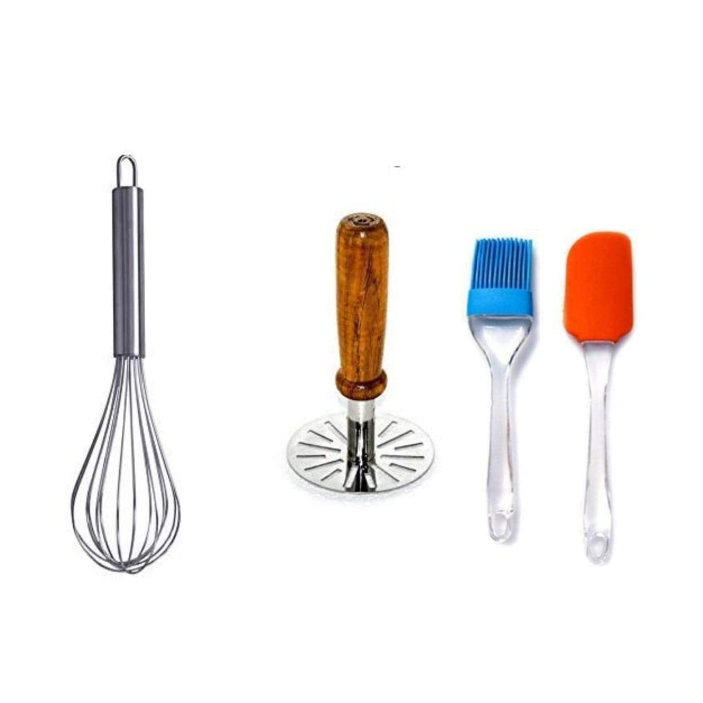 ARDVI® Multipurpose Non-Stick Heat Resistant Silicone Spatula Cooking Oil Brush Set Seamless & Flexible with Egg Whisker and Wooden Handle Potato Masher Kitchen Tool Set