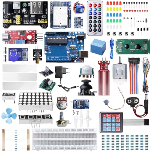 Kit de arranque Behogan para Arduino - Kit completo, kit definitivo para proyectos Arduino, incluyendo placa de prueba, sensores, resistencias, fuente de alimentación, LED, etc. y 248 accesorios