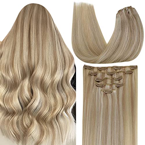 LaaVoo Extension Capelli Veri Clip Biondo 5Pezzo 70 Grammi Clip in Human Hair Extension 14 Pollici 35cm Extension con Clip Double Weft #P18 613 Biondo Cenere Highlights Candeggina Bionda