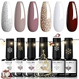 Modelones Nude Gel Nail Polish Set 6 Colors, Winter Christmas White Brown Glitter Burgundy Red Champagne Gold Silver Tan Nail Art Gel Kit Basic Soak Off Manicure Thanksgiving Gifts for Women DIY Salon