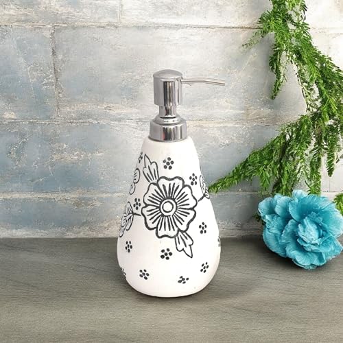 Image of Ceramic Soap Dispenser 330ml (Set of 1) | Multipurpose Liquid Soap, Lotion & Hand Wash Pump Bottle for Bathroom & Kitchen | White Flower Design
