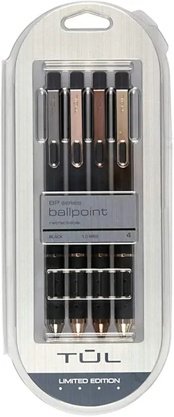 TUL Brilliance Pens, Ballpoint, Medium Point, 1.0 mm, Black Barrels, Black Ink, Pack of 4 Pens
