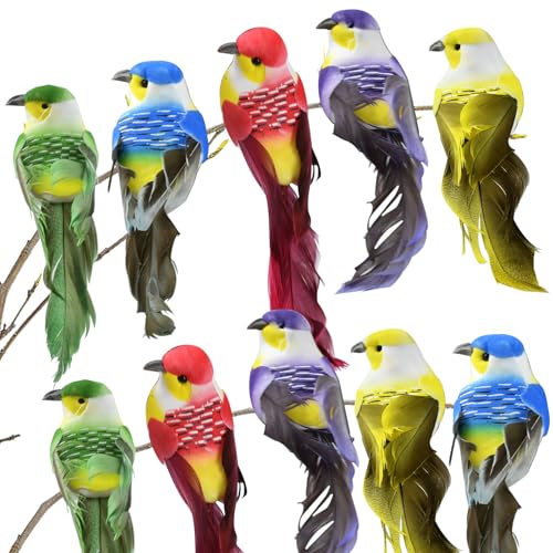 Oiseaux Decoratifs, 10 Pcs Oiseau Decoration,Oiseaux Artificiels en Plumes Coloré en Mousse avec Pinces pour Décoration D'intérieur ou D'extérieur