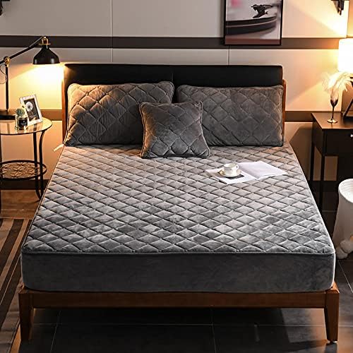 Daenlujec Non-Slip Protective Cover for Bed Mattress Full,Pure Color Crystal Velvet Quilted Bed Sheet, Mattress Protector Coral Velvet Bedspread Bedding Gray 150x200cm