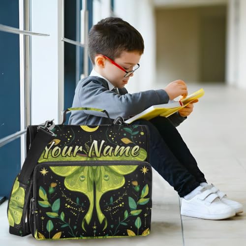 Image of Custom 3 Ring Zipper Binder Mystical Green Moon Moth Boho Personalized Name 1.5 Inch Binders Large Capacity Multi Pockets for School Office Supplies