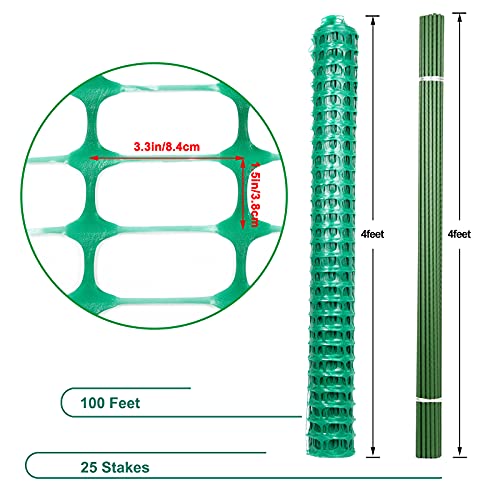 Garden Fence, Snow Fence, Plastic Safety Fence 4’ x100’ with 25 Steel Fence Stakes & Zip Ties –Temporary Fencing,Plastic Netting Mesh Barrier for Dogs Chickens, Small Animal and Plants