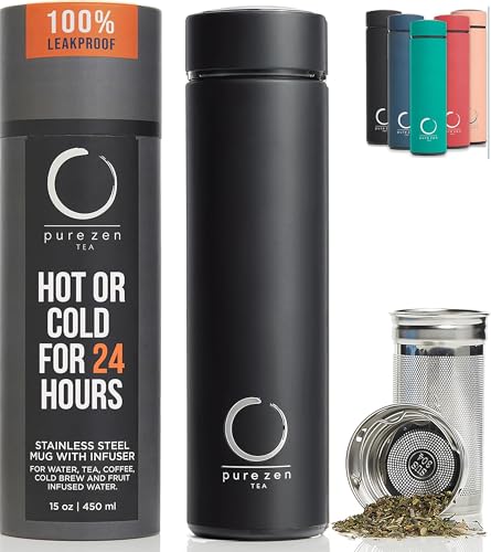 Pure Zen Tea Thermos with Infuser for Hot and Cold Infusions, Coffee and Fruit-Infused Water - Stainless Steel - Tea Infuser Bottle - Leakproof Travel Mug with Filter - 15oz - Black