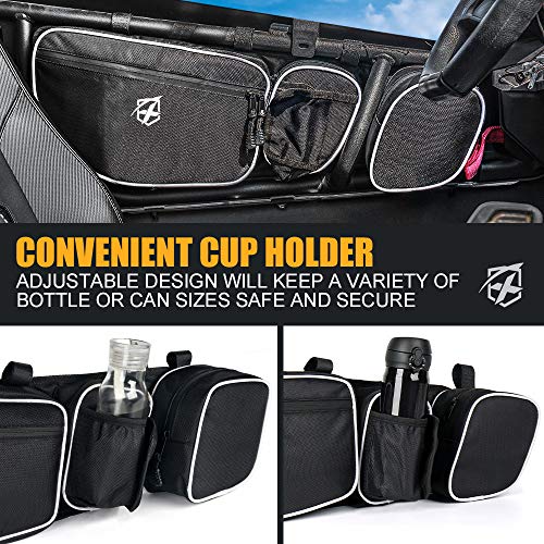 Image of Xprite UTV Front Side Door Storage Bags for 2017, 2018, 2019, 2020 Can-Am Maverick X3 Max XRS XDS Turbo R, Off-road Multi-Purpose Organizer Pocket w /Cup, Phone Holder & Removable Knee Pad - White
