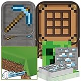 Unique Minecraft Party Table Decorations Dinnerware Bundle - Officially Licensed Dinner and Dessert Paper Plates, Luncheon and Beverage Paper Napkins and Table Cover