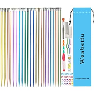 Weabetfu 65pcs Aluminum Metal Knitting Needle Set,Colored Straight Single Pointed Knitting Needles,12 Size 2.5mm-10mm,10inch Length for Handmade DIY Knitting with Knitting Accessories