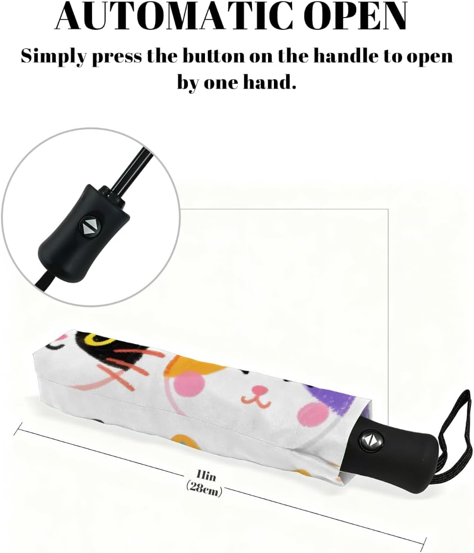 Colorful Hand Drawn Cat Folding Umbrella Windproof Compact Lightweight Travel Umbrella with 8 Reinforced Ribs, Portable UV Sun & Rain Protection for Men & Women