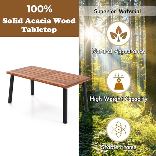 Image of Giantex Patio Dining Table with Umbrella Hole, Outdoor Picnic Table for Backyard, Garden, Lawn, Farmhouse, Acacia Wood Rectangular Table with Metal Legs, Rustic Brown