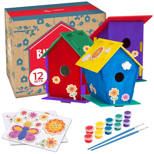 Neliblu DIY 12 Wooden Bird House Kits - Creative Arts and Crafts Set for Kids and Adults - Unfinished Wood Birdhouses with Paint Strips, Brushes, Stickers and Strings - 3 Unique Shapes, 2 Sizes