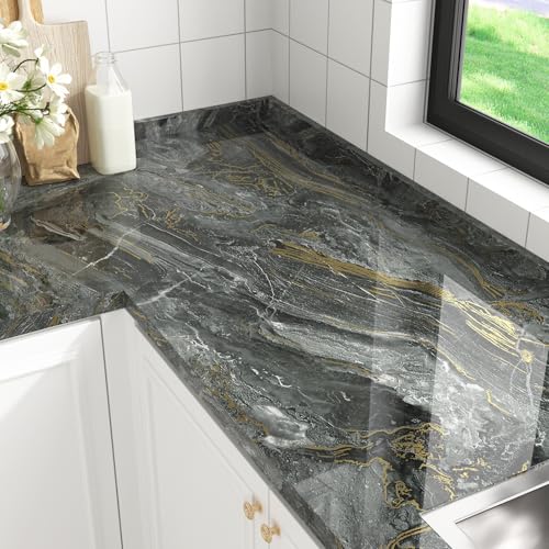 HotDecor Papier Peint Adhesif Marbre Gris Doré 60 x 300cm Film Adhesif Pour Meuble Papier Peint Autocollant Mural Cuisine Rouleau Adhésif Décoratif Gris Doré Revêtement Plan De Travail Adhésif