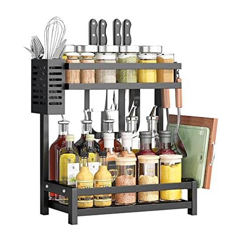 NETEL Spice Rack Kitchen Counter Storage Organiser 2 Tier Standing Storage Shelf Seasoning Storage Rack and Spice Holder with Utensil Holder Cutting Board Holder and Hooks, Stainless and Black Cover