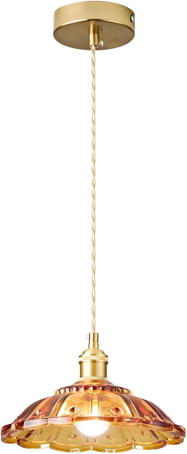 Gold Kitchen Island Light Adjustable Glass Shade Vintage Hanging Lamp Over Island Chandelier for Dining Room Hallway/Amber