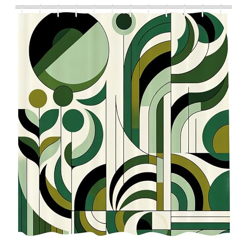 ABAKUHAUS Mid Century Modern Duschvorhang, Blätter Atmosphäre Abstrakt gestaltete r&e Äste Wirbel Boho, Stoffliches Gewebe Badezimmerdekorationsset mit Haken, 175 x 200 cm, Blasses Grün Dunkelgrau