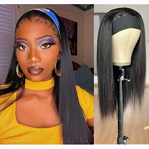 Headband Wig Human Hair Straight None Lace Front Wig Headband wigs For Black Women Glueless Brazilian Head Wigs Natural Color Close to 1B AMZTMY(14Inch, straight headband wig)