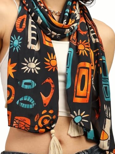 Image of KE KANHA EXPORTS Scarf for Women Boho | Border Print Stylish | Stole for Women Breathable Summer Beach Wrap with Tassels | Multicolour |180 x 50 cm FREE Scrunchie Included