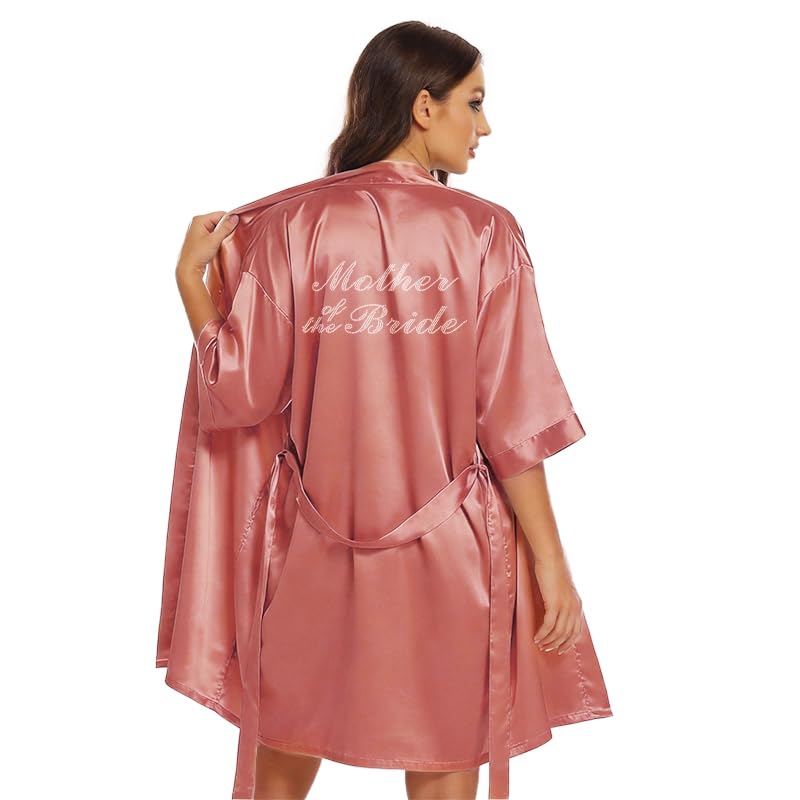 Image of Women's Bride Bridesmaid Robes Short Satin One Size Silver Rhinestones Wedding Party Getting Ready Sleepwear