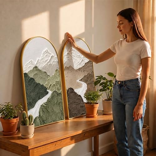 Image of Livin'luxe Set of 2 Mountain Wall Painting for Living Room, Textured Landscape Modern Artwork, PVC Golden Frame, Arch Shape Wall Decor for Bedroom, Hall, Office & Gift (30 x 32 Inch) RPNL-02-117