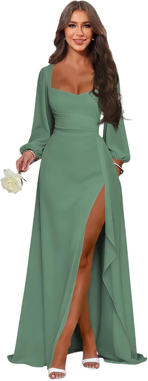 Women's Long Sleeve Bridesmaid Dresses with Slit Square Neck Ruffle Chiffon Formal Evening Dresses