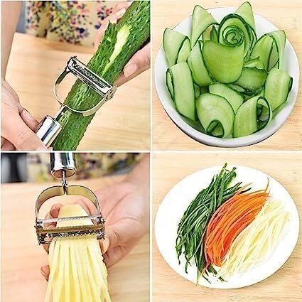 Image of SUNKUKA 2-in-1 Stainless Steel Vegetable Peeler & Julienne Slicer with Cleaning Brush - Durable, Rust-Proof, Knife-Friendly Kitchen Peeler for Carrots, Potatoes, Cucumbers & More