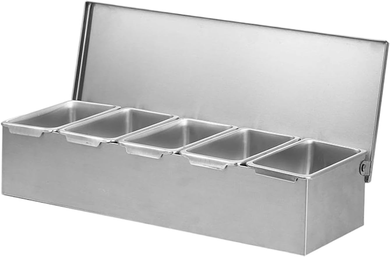 Stainless Steel Spice Container, Storage Container, Dispensing Container with Lid and Modular Inserts, Rustproof and Sturdy for Restaurants, 5 Grids