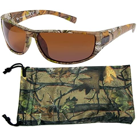 Hornz Brown Forest Camouflage Polarised Sunglasses for Men - WhiteTail - Free Matching Microfiber Pouch - Brown Camo Frame - Amber Lens Cover