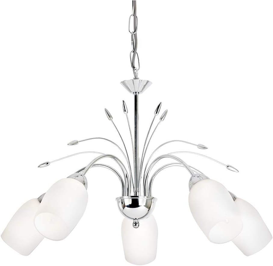 Albert Decorative 5 Way Branch Arm Silver Chrome E14 LED Compatible Pendant Ceiling Light with White Glass Shades