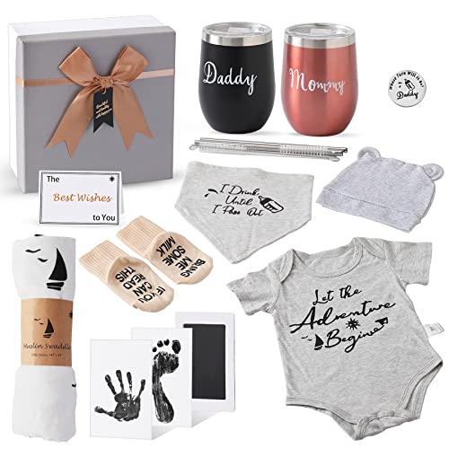 Image of H-OMMEASSY Pregnancy Gift for New Parents, Gender Reveal, New Mom, Baby Shower - Basket With Mom and Dad Tumbler Set for First Time Parents and Couples
