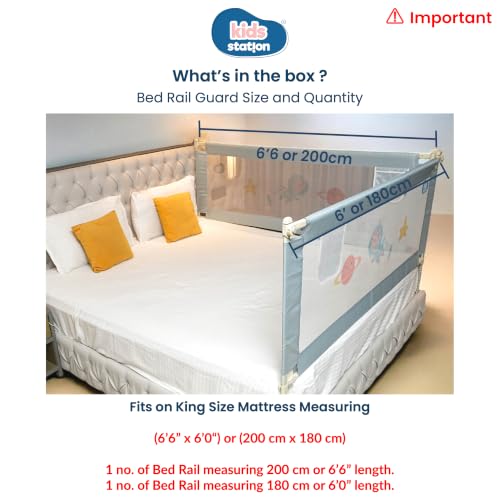 Image of Kids Station 2 Side with Pocket Bed Rail Guard (6.6ft x 6ft / 200cm x 180cm), Bed Railing for Baby Safety, Kids Toddler Bed Protector Side Walls, Adjustable Height, Portable & Foldable (Grey)