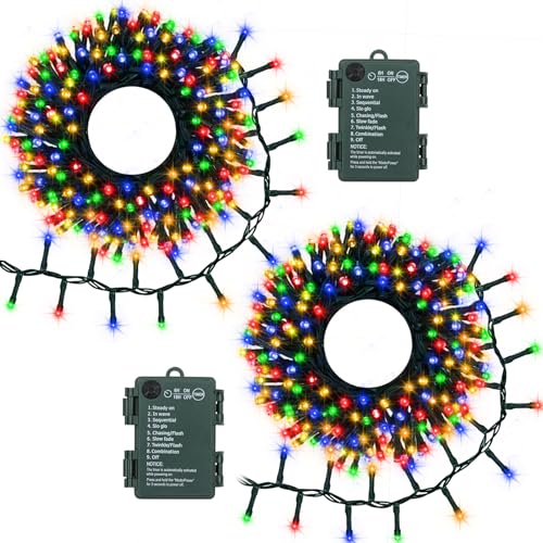 Paquete de 2 tiras de luces de racimo alimentadas por pilas, 200 luces LED de petardo, cadena de 8 modos, temporizador, impermeable, luces parpadeantes para árbol de Navidad, boda, fiesta, decoración