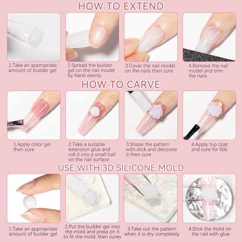 SUPWEE Festes Builder Gel für Nägel Non-Stick Hand Nail Extension Gel Multifunktionales Klar Weiß 3D Nail Art Skulptur zum Schnitzen von Mustern Prägung hartes für Nägel Mniküre