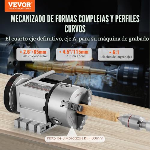 Eje rotacional fresadora CNC VEVOR de 4 ejes con relacion 6:1 y altura central de 65 mm 3