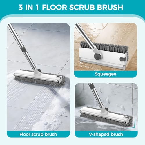 Image of SetSail Floor Scrub Brush, 3 in 1 Floor Scrub Brush with 54-in Adjustable Long Handle and Scraper Heavy Duty Stiff Bristle Floor Scrubber for Cleaning Shower Bathroom Kitchen Patio Garage, Grey&White