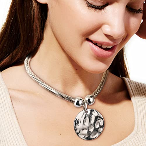 Silver Hammered Metal Statement Necklace Set with Lobster Clasp Closure, Disc Coin Necklace Circle Necklace Chunky Necklaces for Women 2022 Summer Necklace New Unique Trendy Jewelry3