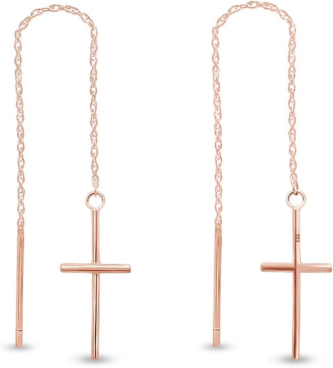 Cross Dangle Drop Women's Earrings In 14K Gold Over Sterling Silver