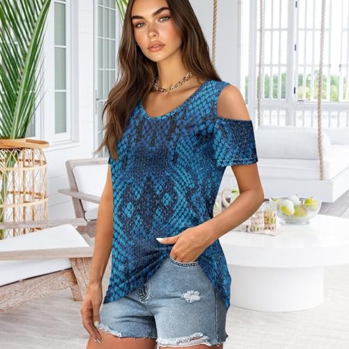 Allinterest Blue Snake Skin Print Cold Shoulder Tees for Women Plus Size Summer Short Sleeve V Neck Sexy Casual Basic T-Shirts — view 2