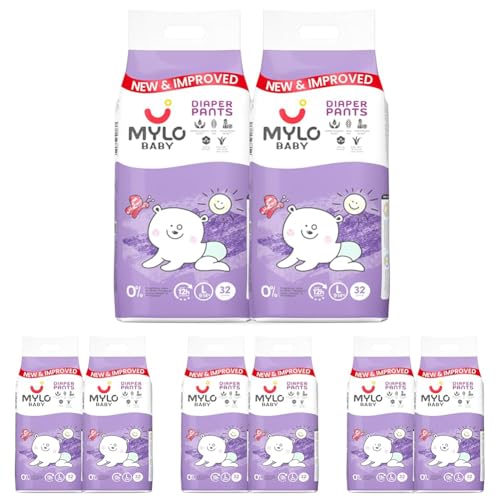 Image of Mylo Baby Diaper Pants Large (L) Size 9-14 kgs (64 count) Leak Proof | Lightweight | Rash Free | Upto 12 Hours Protection | ADL Technology | with Aloe Vera Lotion (32 Count, Pack of 8)