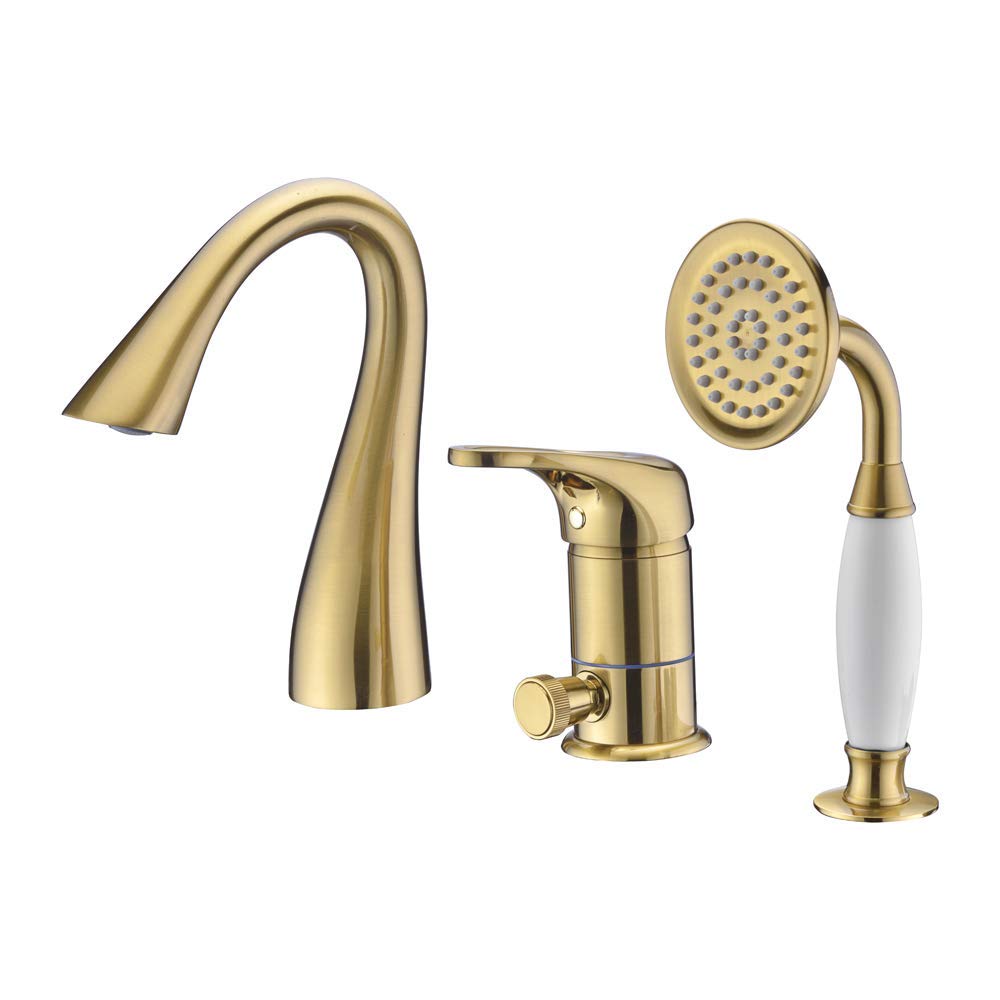 CWCQGH Tub Filler Faucet with Handheld Shower Head Widespread Tub Faucet Set Deck Mount 3 Holes Single Handle Bathtub Faucet Gooseneck Tub Tap for Bathroom,Chrome,Brushed Gold