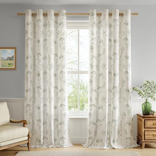 Image of FMFUNCTEX Linen Curtains Floral Patterned Curtain for Bedroom Living Room, Sage Green Curtains 96 Inches Long Farmhouse, Light Filtering Beige Window Curtain Grommet Top 2 Panels Set