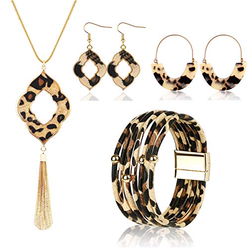 XGALBLA 4 Pieces Leopard Jewelry Set Leopard Print Necklace Cheetah Leather Drop Dangle Earrings Geometric Pendant Necklace Tassel Necklace For Women