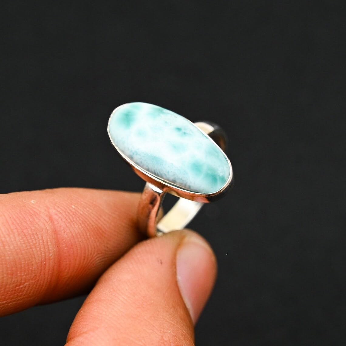 Natural Larimar Ring for Women - Boho Gemstone Engagement & Bridal Jewelry | Dainty, Trending, Unique Genuine Stone Vintage Sterling Silver | Handmade Gift for Her image 3