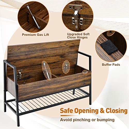 Giantex Industrial Shoe Storage Bench - Entryway Shoe Bench With Hidden Storage Space, Protective Metal Handrail & Premium Gas Lift, Easy Assembly, Perfect For Hallway, Bedroom, Doorway, Rustic Brown #TOP4