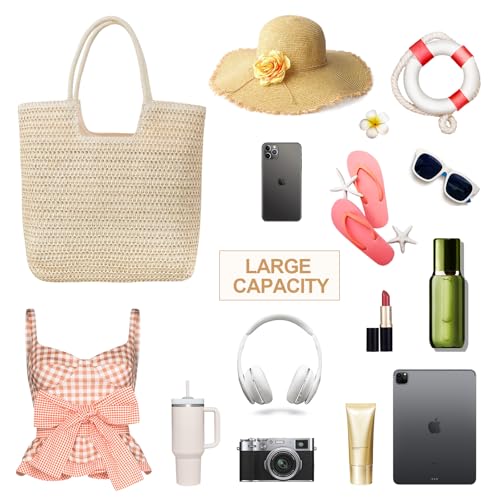 Image of Long Keeper Beach Bags for Women Summer Straw Bag with Zipper Woven Shoulder Handbag Beach Tote Bags for Travel Vacation