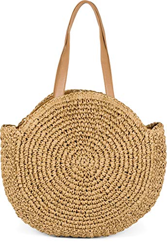 styleBREAKER runde Damen Basttasche mit langen Henkeln | Geflochtene Korbtasche als Strandtasche oder Shopper | Großes Hauptfach mit Reißverschluss Farbe:Braun