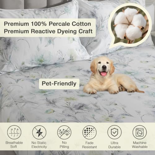 Image of Vintage Green Floral Percale Bed Sheets Full Size Deep Pocket 4Pcs | 100% Cotton Flower Farmhouse Sheet Set, Peony Print Cottagecore Sheets, Luxury Designer Bedding, Aesthetic, Soft Crisp, White
