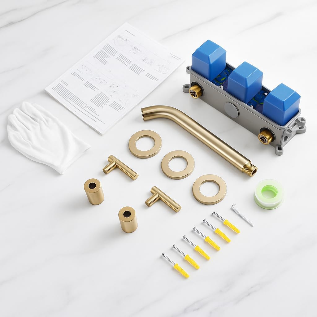 Wall Mount Tub Filler, Solid Brass Wall Mount Bathtub Faucet, 9.78 GPM at 60 PSI, Brushed Gold Tub Faucet with 2 Handles, Long Spout Reach, Rough-in Valve Included