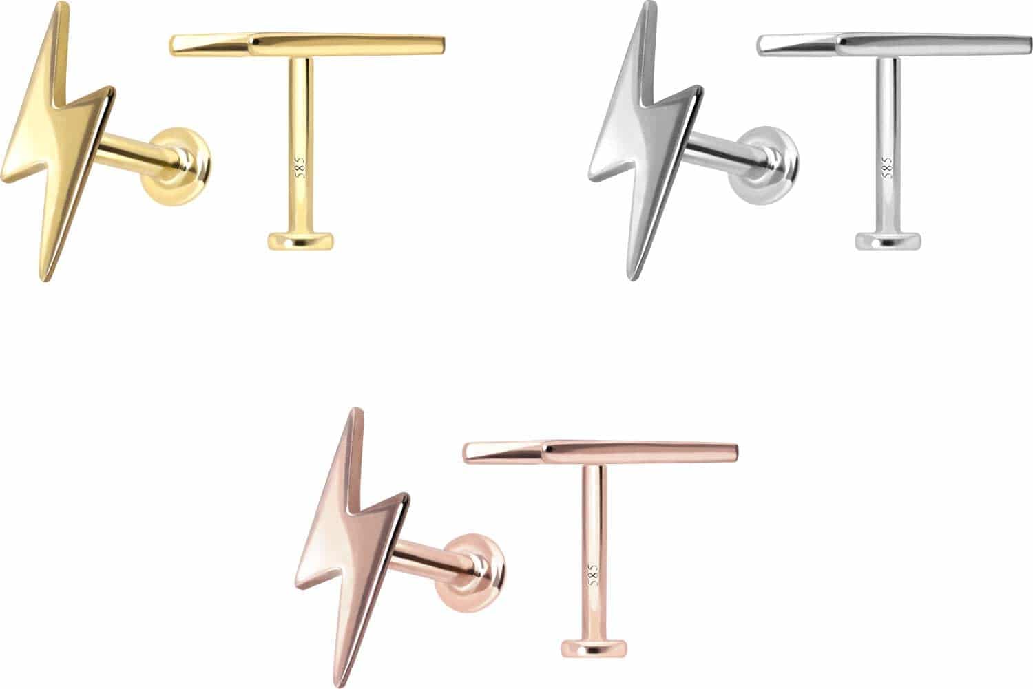 PIERCINGLINE Piercing Stecker 14 Gold Labret mit Push Fit BLITZ 585er Gold - Roségoldfarben, Goldfarben, Silberfarben